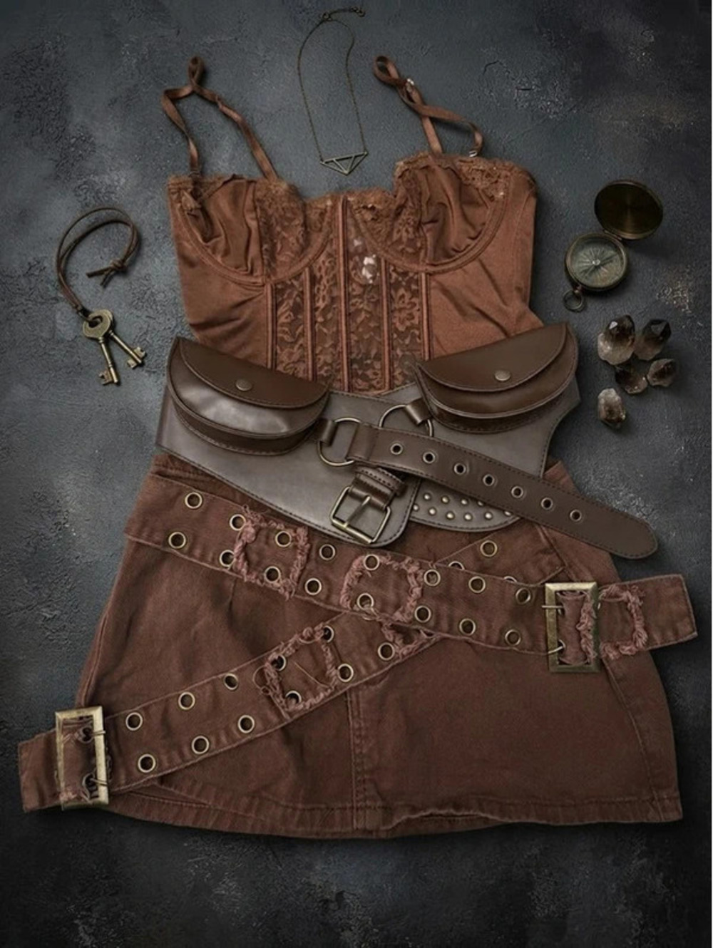 Brown Outfit Set - Corset Top, Mini Skirt & Utility Pouch Belt (Size S)